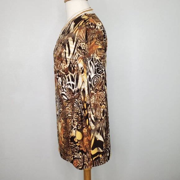 Women With Control Brown Orange Fall Colors Tunic Surplice Faux Wrap Top Size MP - Picture 6 of 15